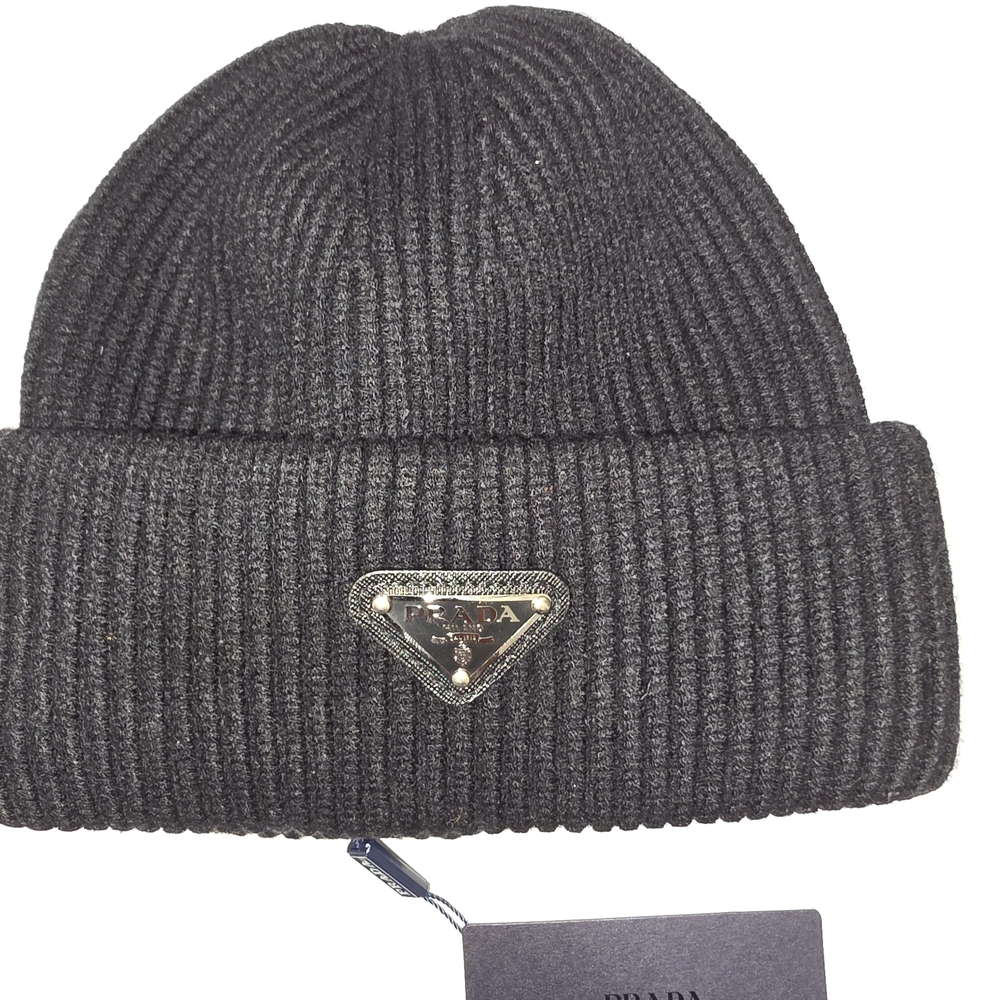 Prada Black Ribbed Knit Beanie